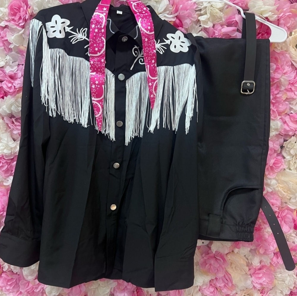 Black Cowboy Costume Shirt with Fringe and Scarf